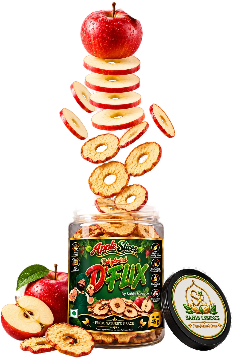 The complete D’FLIX apple journey in one image, top to bottom: a whole fresh apple, then fresh apple rings, then dehydrated apple rings, falling into a clear D’FLIX Dehydrated Apple Slices PET jar beside its Sahib Essence lid.